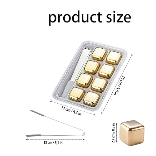 Edelstahl-Eiswürfel-Set mit Silikonklemmen für Wodka und Tequila, Whiskey, Gold, 8-teiliges Whiskey-Stein-Edelstahl-Set