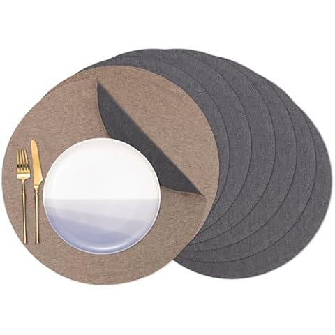 Banchif Textile Burlap Linen Placemats Dual-Sided Placemats Set of 8 Place Mats Non-Slip Washable Table Mats for Dining Table (Round, Grey-Light Brown) Cover