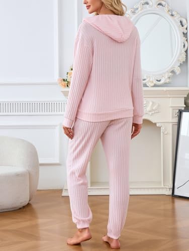 Image of Famulily 2 Pieces Ribbed Knit Outfits Drawstring Hoodies Jogger Pants Matching Pajama Sets with Pockets