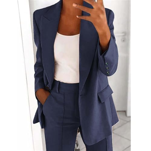 Women's Fall 2 Piece Outfits Solid Business Dressy Blazer Jacket and Wide Leg Pants Pockets Casual Office Suit Sets4