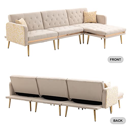 Pvillez Sectional Sofa Futon Sofa Bed Convertible Sleeper Sofa Couch W/Chaise Lounge,Ottoman L-Shape Convertible Couches For Living Room Button Tufted Back Velvet Couch W/Golden Legs #TOP5