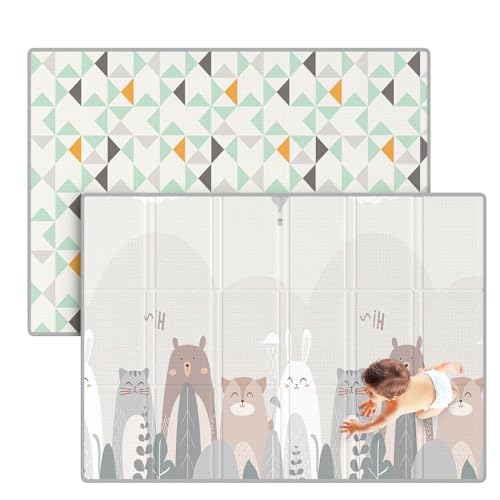 Julrrimg Spielmatte Schadstofffrei, Krabbelmatte Baby Faltbar, Faltbar mit Tragetasche, Krabbeldecke für Baby, Wasserfest und Leicht zu Reinigen Krabbelmatte, Kantenverstärkung Matte