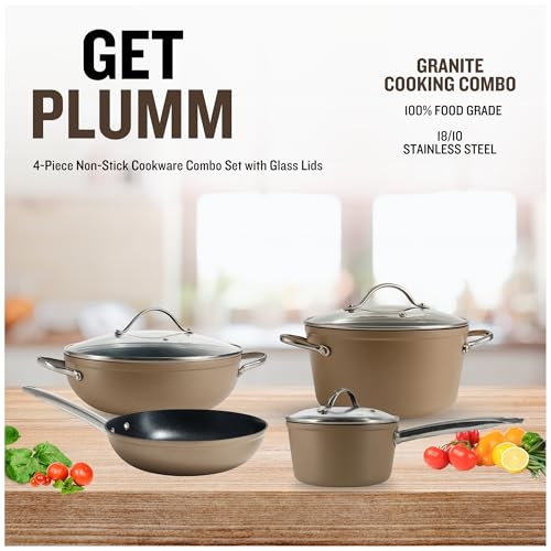 Image of Get Plumm Ceramic 7 Pcs Cookware Set | 16cm Saucepan, 20cm Pot, 26cm Kadhai, 20cm Fry Pan with Lids | ISI Certified | PFAS & PTFE Free | Gas & Induction | 1 Year Warranty | Cream Gold
