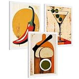 Nacnic Set De 3 Láminas Cocina Vintage Retro Cuadros Pared Chile Martini Y Pan Aceite Oliva Cartel Clásico Póster Decoración Comedor Bar A4 Marco Blanco