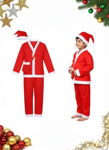 Image of PoPo Toys Santa Claus Costume for Christmas Children 9-13 Years| Red Santa Suit with Fur Trim, Belt, Hat & Beard | Fleece, Faux Fur | Xmas Party & Fancy Dress Outfit Size 4