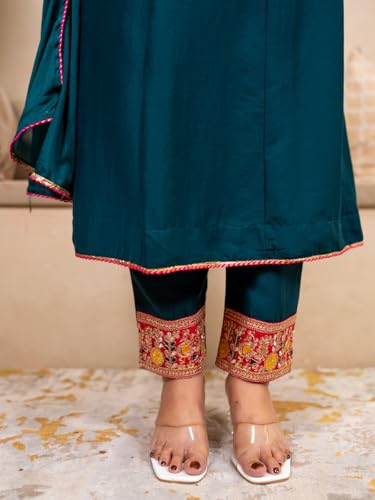 Image of VredeVogel Women's Silk Blend Embroidered Anarkali Kurta with Pant & Dupatta Set | Festive & Casual Women Ethnic Kurta Set for Women