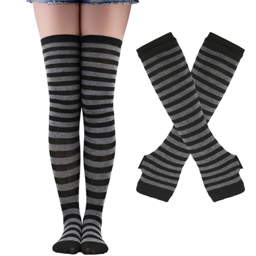 Black and White Striped Arm Leg Warmers Sleeves Set Rainbow Socks Knee High Fingerless Gloves Hand Thigh Warm