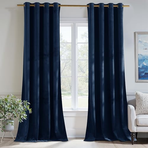 PONY DANCE Navy Blue Velvet Curtains - 52x84 Inches Thermal Blackout Curtains Eyelet Soundproof & Room Darkening Window Treatment for Living Room/Bedroom, Velvet Panels Set of 2