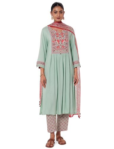 Image of BIBA Women Rayon Viscose Gathered Solid Suit Set