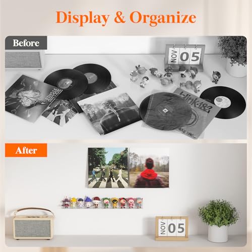 Image of Lifewit Narrow Acrylic Floating Shelves for Vinyl Record 12 inch, Clear 12 Pack | Wall Shelf for Nail Polish, Book, Picture, Makeup, Album Covers Display Organizer for Bedroom, Living Room, Bathroom Decor