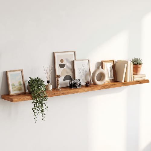 Image of Live Edge Elm Floating Shelves - 72 In Rustic Solid Wood Shelves with Heavy-Duty Invisible Bracket, Wall-Mounted Wooden Shelf for Living Room, Bathroom, Kitchen Storage & Display, Set of 1, Natural