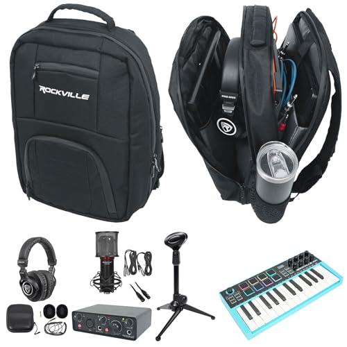 Rockville Bundle: Rockville R-TRACK SOLO Recording USB C Audio Interface Bundle with MIDI Keyboard Controller, Studio/Recording Mic, Headphones, Backpack, Mic Stand, XLR Mic Cable (7 items)