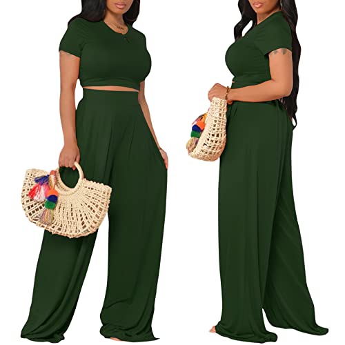 Image of Casual Summer 2 Piece Outfits for Women Crop Top High Waist Pants Sets