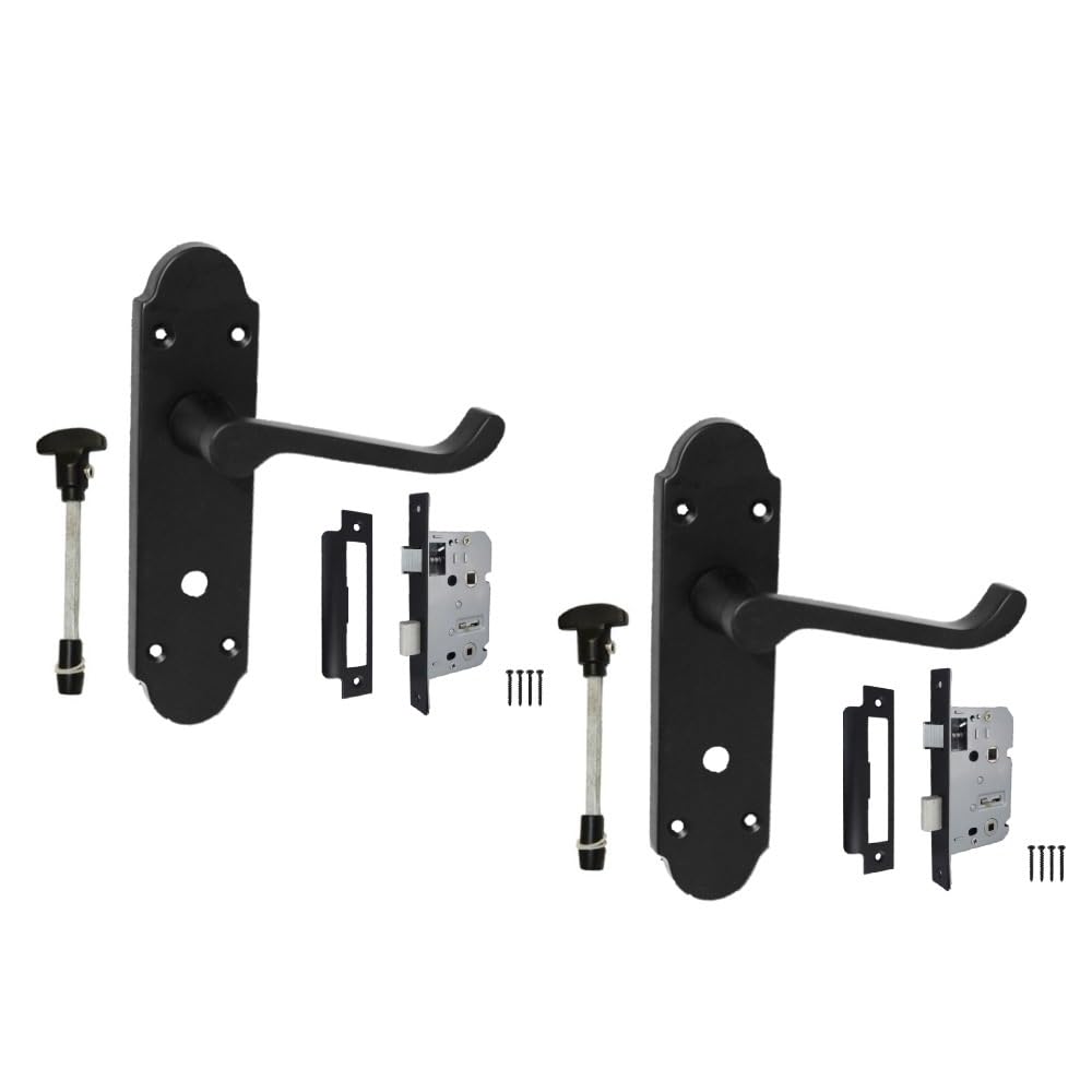 Epsom Matt Black Bathroom Door Handles – Internal Lock Door Handle Set (170mm x 42mm) & Bathroom Sash Lock – Sleek & Durable Black Bathroom Handles for Interior Doors 2 Sets