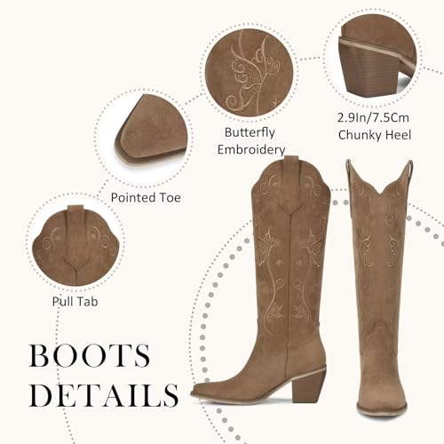 Image of wetkiss Cowboy Boots for Women Knee High, Low Heeled Stable and Comfortable | Knee High Cowgirl Boots,Western Boots with Embroidery,Pull On,Slip On,Non-slip Rubber Sole,Soft and Breathable PU Leather