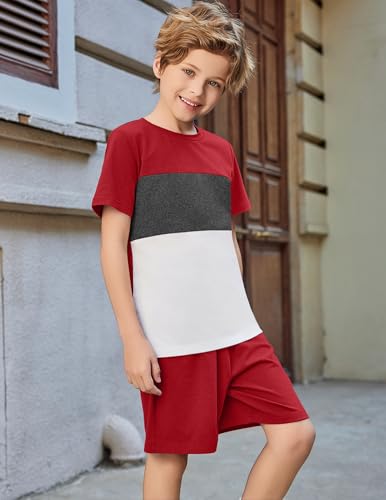 Image of Arshiner Boys' 2-Piece Cotton Outfit Color Block T-Shirt and Shorts Set Summer Camo Clothes for Kids 5-14 Years