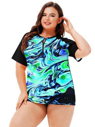 AOBUTE Women Plus Size Rash Guard Zipper Short Sleeve SPF Swim Shirts4