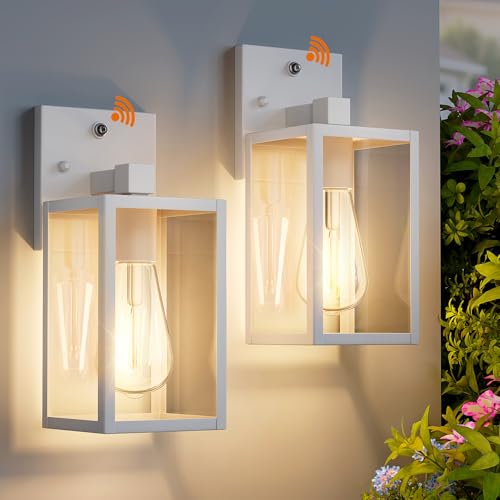 2 Pack White Dusk to Dawn Front Porch Lighting Fixtures Wall Mount Sensor Outside Exterior Lights for House Outdoor Lantern Lamp Waterproof Wall Sconce Lights Coach Light for Garage Entryway