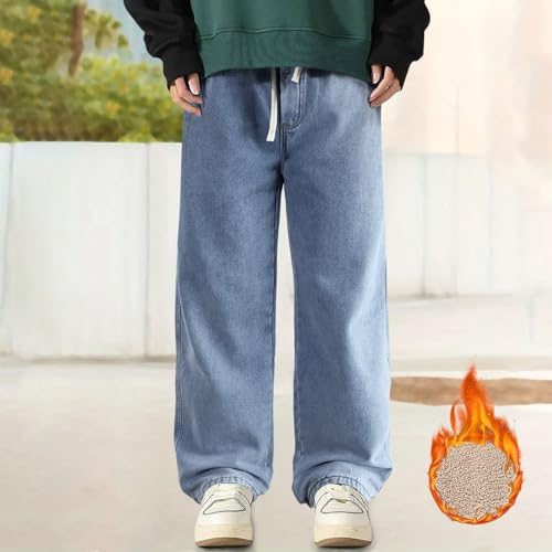 Baggy Jeans for Men Vintage Elastic Waist Loose Fit Straight Leg Wide Leg Fleece Thickened Lined Casual Outdoor Denim Pants2