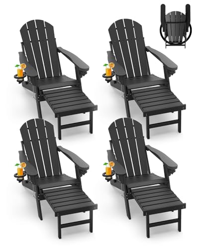 GREENVINES Juego de 4 sillas plegables Adirondack con otomana, de plástico HDPE para todo tipo de clima, con portavasos y reposapiés para hoguera, terraza, patio, porche, césped, color negro