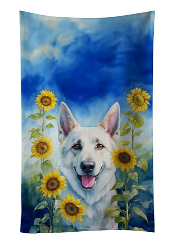 Caroline's Treasures White German Shepherd in Sunflowers Kitchen Towel Dish Cloths Guest Hand Towel Decorative Bathroom Towel for Face,Tea, Dishcloth, Kitchen and Bath