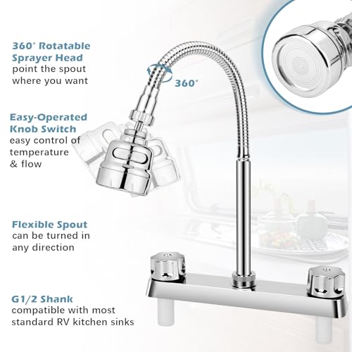 Image of 8 inches Apart RV Sink Faucet, RV Kitchen Faucet Replacement with Flexible 360 Degree Rotatable Sprayer for RV, Dual Function Sprayer, Campers, Motorhomes, Travel Trailers (Silver Plating)
