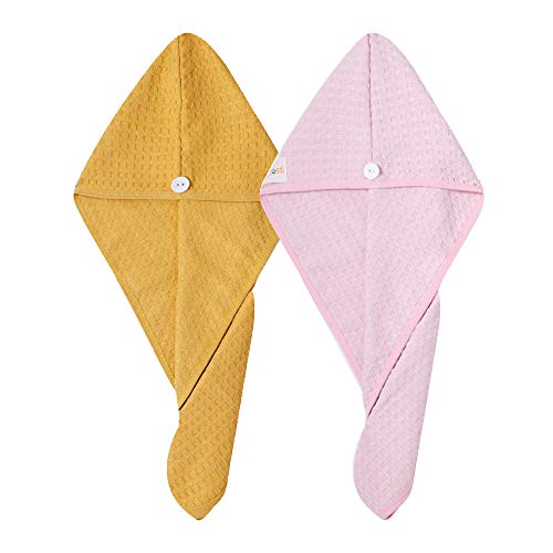 2 Pack Waffle Hair Drying Towel,Hair Towel Wrap,Hair Towel Turban to Dry Your Hair More Quicker,Lightweight and Absorbent (Pink &Yellow)
