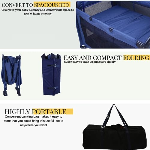 Image of Infanto Portable Baby Playpen Cum Cot with Travel Bag | Easy Fold Compact Design | 2 in 1 Functionality Crib | Double Layer Pad | Breathable Mesh Baby Bedside Crib with Playpen for Babies | Blue