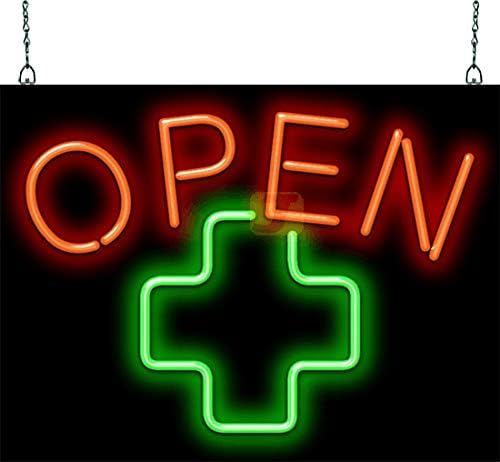 Letrero de neón abierto con cruz médica, 24 pulgadas de ancho x 18 pulgadas de alto, letrero de neón doblado a mano real, letras rojas con una cruz