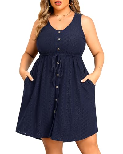 Image of Talisea Plus Size Summer Dresses - Casual Beach Eyelet Sleeveless Tank V Neck Button Down Swing Short Sundress Pockets Women