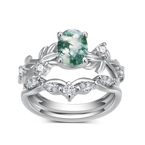 Oval Shape Moss Agate Engagement Ring Set for Women, 925 Sterling Silver 1 Carat Green Moss Agate Leaf Wedding Ring Set Anniversary Jewelry Bridal Gifts for Women