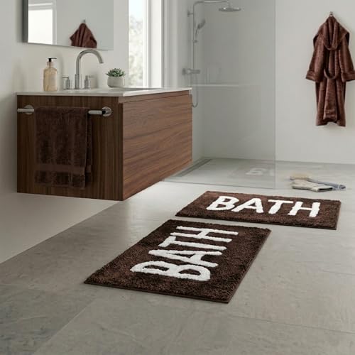 Image of Microfiber Rectangle Anti-Skid Bath Mats | Soft & Super Washable Bathroom Mat | Bathmat for Home /Office /Kitchen /Bathroom /Living Room /Enterance 38x58 Cm Set of 2 (Coffee)