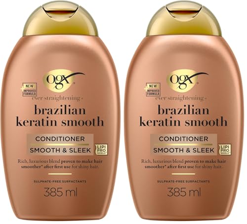 OGX - Après-Shampooing Kératine Lissage Brésilien (flacon de 385 ml) – Soin capillaire lissant...