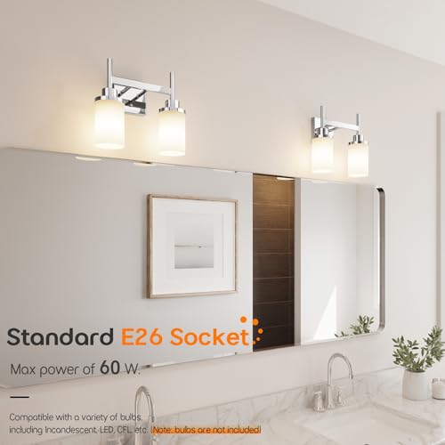 Image of Vanity Lights Polished Chrome Bathroom Light Fixtures with White Frosted Glass Shade, Double Wall Sconces for Mirror Hallway Entrance Porch T001CH-L2
