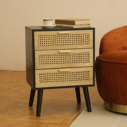 AWASEN Mid Century Nightstand 3 Drawers, Rattan Side Table with Storage, Wooden End Table Accent Table for Bedroom,Living Room with Solid Wood Legs, Easy Assembly, Black AWASEN Mid Century Nightstand 3 Drawers, Rattan Side Table with Storage, Wooden End Table Accent Table for Bedroom,Living Room with Solid Wood Legs, Easy Assembly, Black