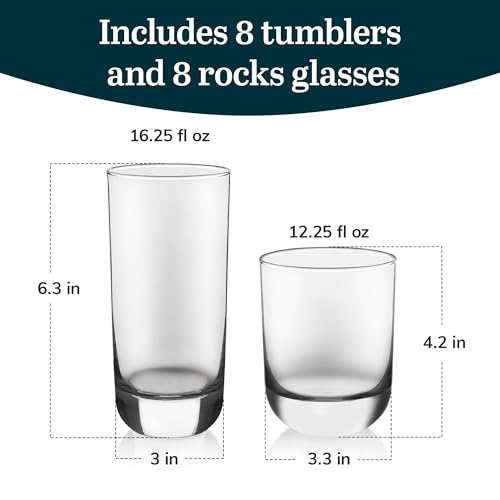 Libbey Polaris Tumbler and Rocks Glass Set, Elegant Drinkware Glasses Set,, Tall Drinking Glasses with Modern Clean Lines, Dishwasher Safe Drinking Glasses Set of 16 - Image 5