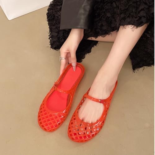 Image of Jelly Mesh Ballet Flats for Women Clear Hollow Jelly Shoes Sandals Round Toe Non-Slip Beach Ballerina Jellies Flats Shoes