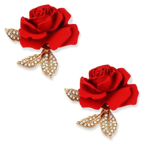 A set of two crystal red rose brooches, featuring elegant