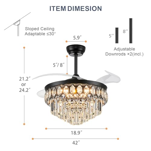 Image of FIDGRA 42'' Fandelier Ceiling Fan with Light, Chandelier Fan, Black