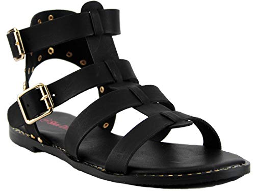 BAMBOO Minimal 58 Womens Open Toe Dual Buckle Studded Flat Caged Gladiator Sandals Black 7.5