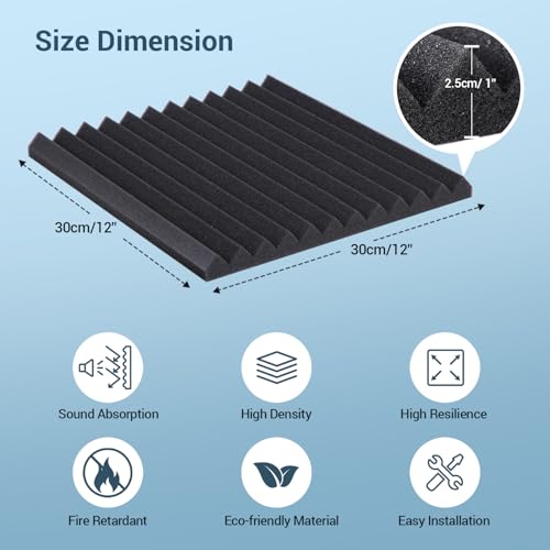 Ohuhu Akustikschaumstoff Akustikpaneele 12 Stück mit Aufkleber, 30 x 30 x 2,5 cm, Schalldämmung Wand Schallabsorber Akustikschaumplatten Schallschutz für Tonstudio Podcasts Gaming Deko, Schwarz