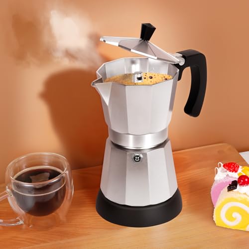 Image of Silver Aluminum Electric Moka Pot, 3 or 6 Cups Espresso Maker with Dose Reduction Plate