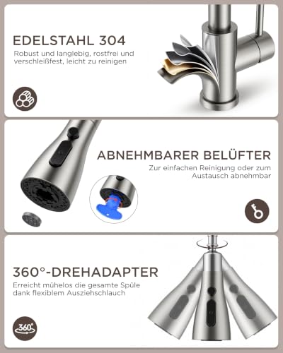 FORIOUS Wasserhahn Küche, Küchenarmatur mit Herausziehbarer Brause Ausziehbar Armatur, Mischbatterie Spültischarmatur, 360° Schwenkbar, Mehrere Strahlarten, Edelstahl, Niederdruck