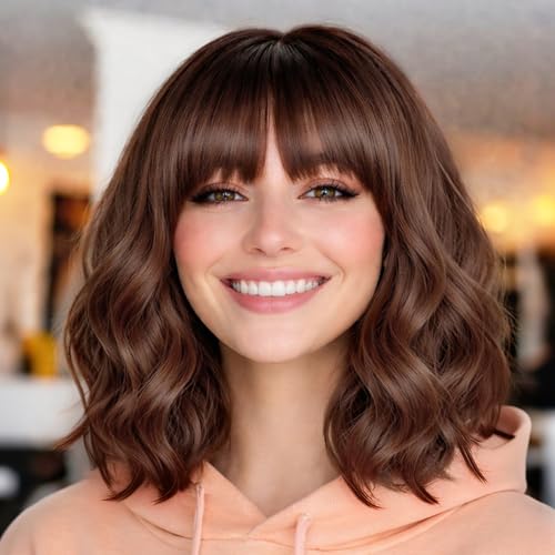Image of AISI HAIR Synthetic Wavy Curly Bob Wig with Bangs Dark Roots with Chestnut Brown Short Hair Wigs for Women Synthetic Heat Resistant Bob Wigs