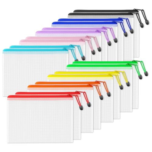 Image of SUNEE Plastic Mesh Zipper Pouch 7.8x10.8 in (9 Colors, 18 Packs),Extra Large Water-Resistant Zip Bag for School Office Supplies, Puzzles & Games Organizing Storage