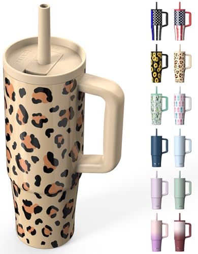 TILUCK 30 oz Tumbler with Handle, Vacuum Insulated Stainless Steel Travel Mug with 100% Leak-Proof Silicone Straw Lid, Cupholder Friendly Water Bottle(Leopard, 30oz)