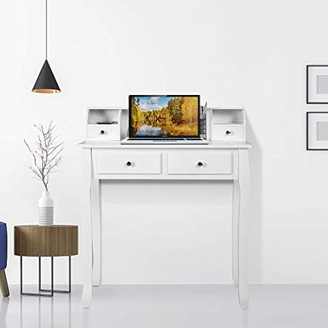 SPSUPE Wooden Writing Desk with 4 Drawers and 2 Cubbies, Makeup Vanity Dressing Table with 2-Tier Hutch, Removable Floating Organizer Console Table, Home Office Computer Work Station Cover