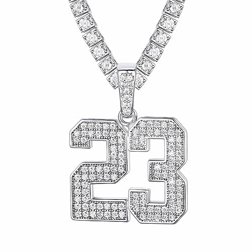 FindChic Bling Number Necklace Baseball Chain 14K Gold Plated Sports Football Pendant Hip Hop Cubic Zirconia Iced Custom Name Personalized Jewelry for Men Boys, Tennis Chain 18'' to 30'' + G