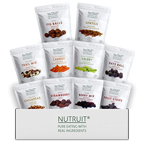 Nutruit Gourmet Healthy Snack Variety Box (Pack of 20), Vegan, Gluten Free, Non GMO, Plant Based, High Fiber, Snack Gift Box for Kids and Adults (10 Flavor Variety Pack, 2 Packs of Each) 1.1oz Premium Snack Packs,
