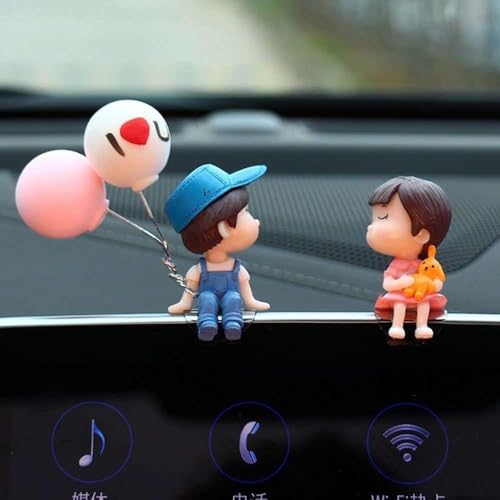 Image of Cute Cartoon Couple Car Dashboard Accessories | Plastic Action Figure Ornament with Balloon | Interior Dashboard Decoration for Car, Home, Office (8 x 4 cm) (Model 1)